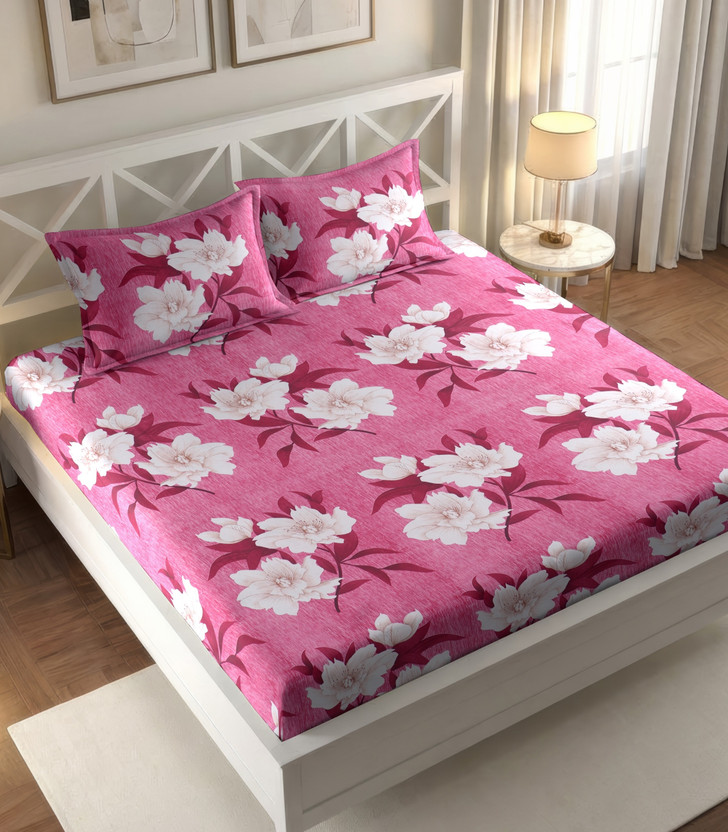 IWS Cotton Double Flat 144 TC Floral 1 Bedsheet(Pink)
