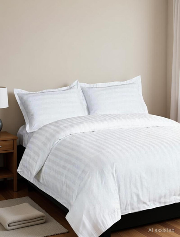 Vishal international Cotton Queen Flat 220 TC Striped 1 Bedsheet with 2 Pillow Covers(White)