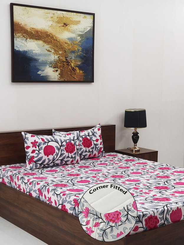 Steve and Anderson Microfiber Double Fitted (Elastic) 160 TC Floral 1 Bedsheet with 2 Pillow Covers(Grey, Pink)