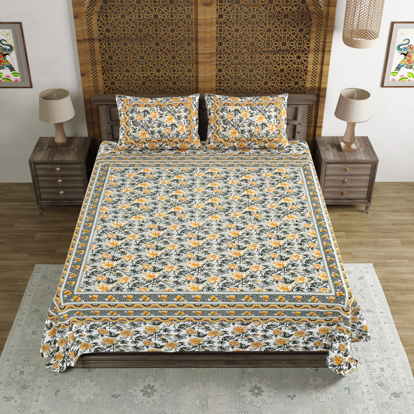 Blocks Of India Cotton King Flat 140 TC Printed 1 Bedsheet with 2 Pillow Covers(Grey, Yellow)
