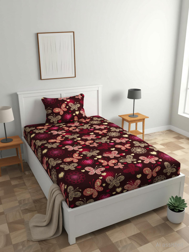 Decent Home Cotton Single Flat 144 TC Striped 1 Bedsheet with 2 Pillow Covers(Red)