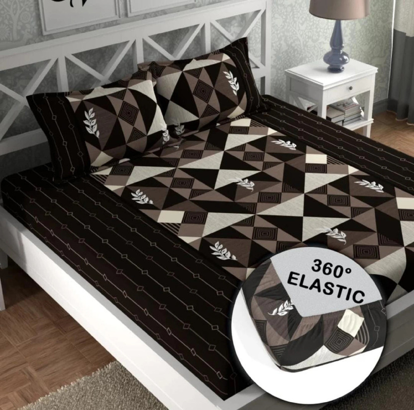 TerryFox Cotton Double Fitted (Elastic) 180 TC Printed 1 Bedsheet with 2 Pillow Covers(Multicolor)