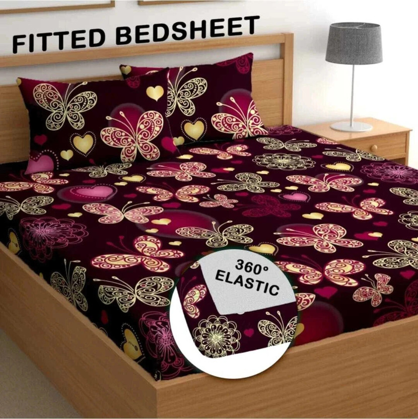 Decent Home Cotton Double Fitted (Elastic) 240 TC Floral 1 Bedsheet with 2 Pillow Covers(Maroon)