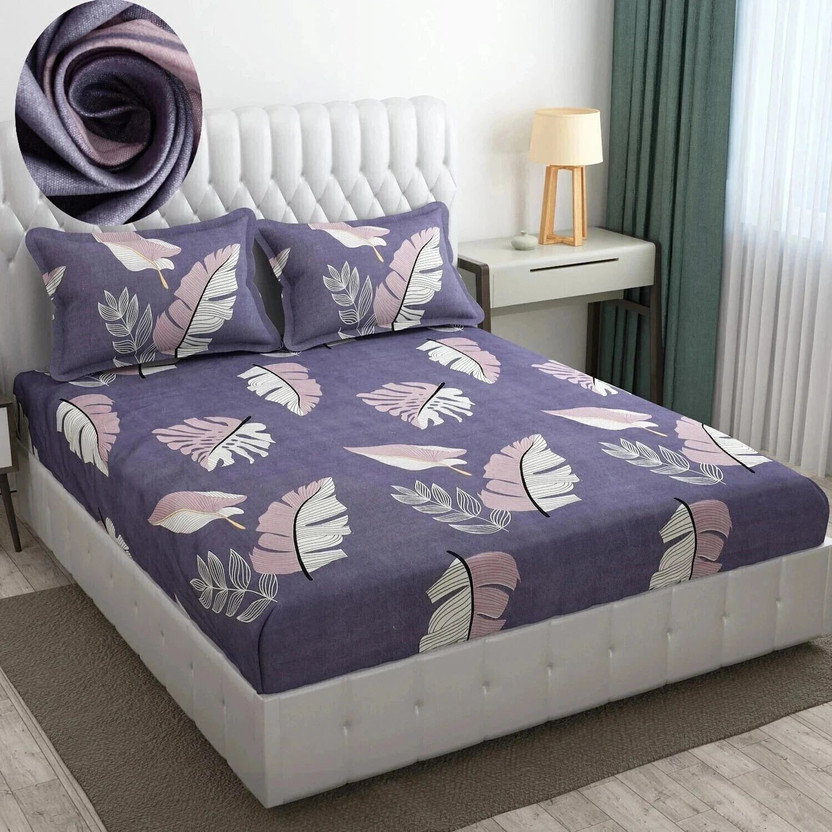 Moonroof Cotton King Fitted (Elastic) 244 TC Printed 1 Bedsheet with 2 Pillow Covers(Purple)