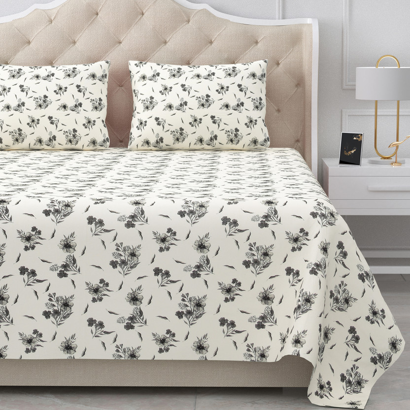 BELLA CASA Cotton King Flat 180 TC Floral 1 Bedsheet with 2 Pillow Covers(Grey)