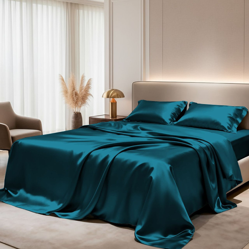 ALISHIBACASA Silk King Flat 400 TC Solid 1 Bedsheet with 2 Pillow Covers(Teal)