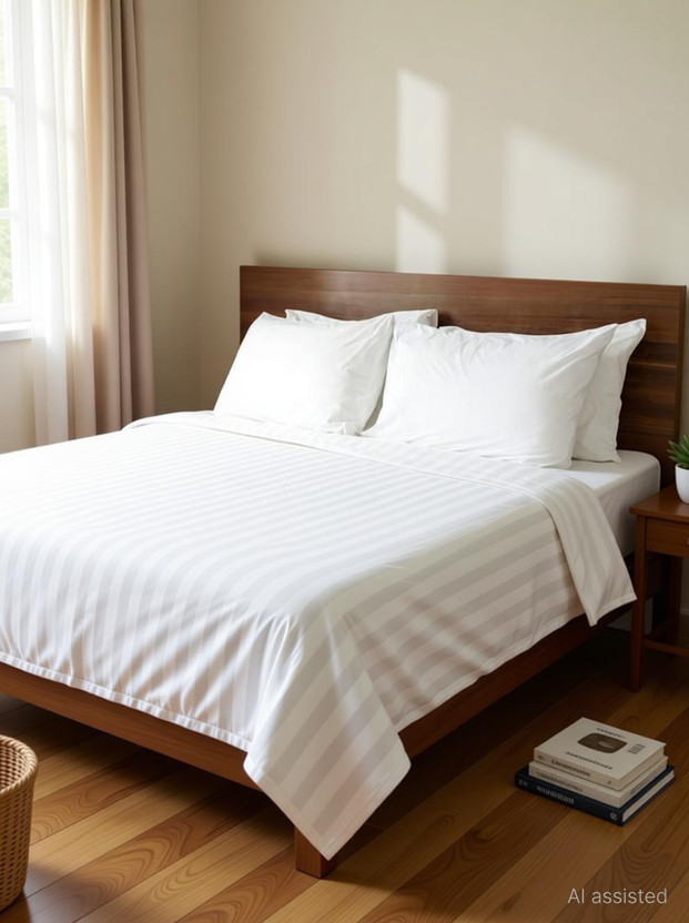 Yashi decor Cotton, Polycotton, Microfiber Double Flat 280 TC Striped 1 Bedsheet with 2 Pillow Covers(White)