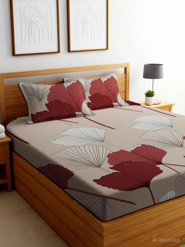 Moonroof Cotton Double Fitted (Elastic) 244 TC Printed 1 Summer Bedsheet with 2 Pillow Covers(coffee, Maroon)