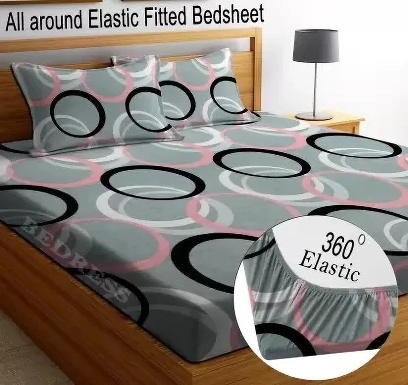 HOMETIC Cotton Double Fitted (Elastic) 360 TC Printed 1 Bedsheet with 2 Pillow Covers(Multicolor)