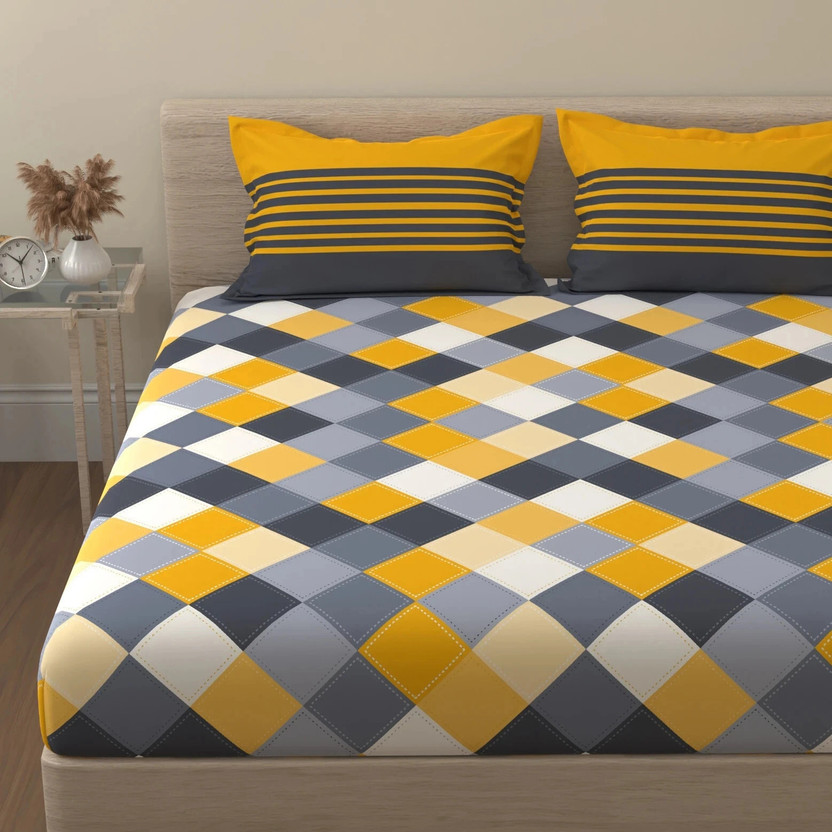 Huesland Cotton King Flat 144 TC Checkered 1 Bedsheet with 2 Pillow Covers(Yellow, Grey)
