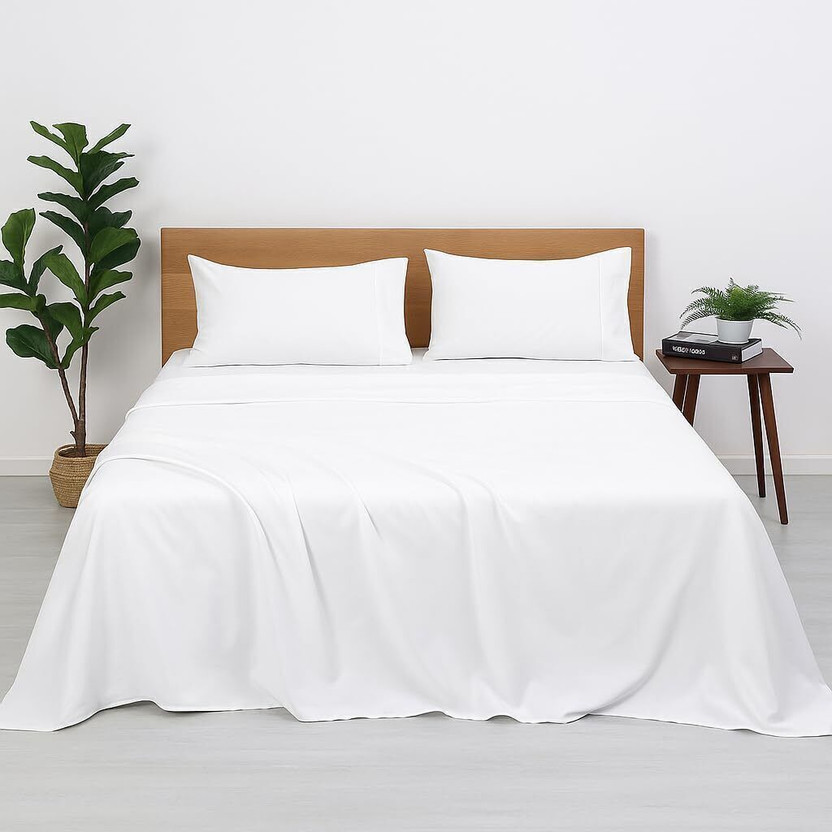 lacoza Cotton Blend Double Flat 400 TC Solid 1 Bedsheet with 2 Pillow Covers(Pure White (Luxurious Bedsheet Designed For Five Star Hotel))