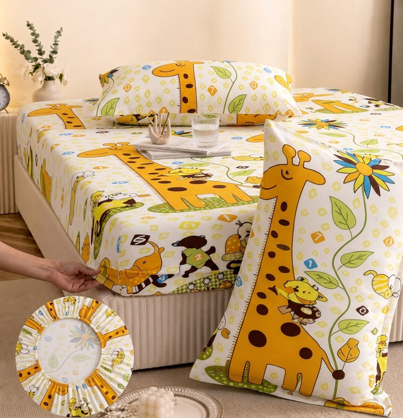 YaAkholic Cotton King Fitted (Elastic) 242 TC Printed 1 Summer Bedsheet with 2 Pillow Covers(Multicolor, Yellow)