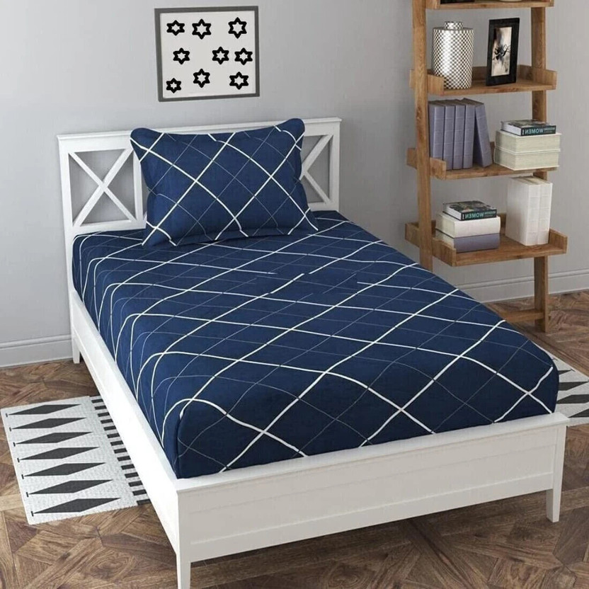Dahlia Polycotton Single Fitted (Elastic) 200 TC Printed 1 Bedsheet with 2 Pillow Covers(Blue 9)