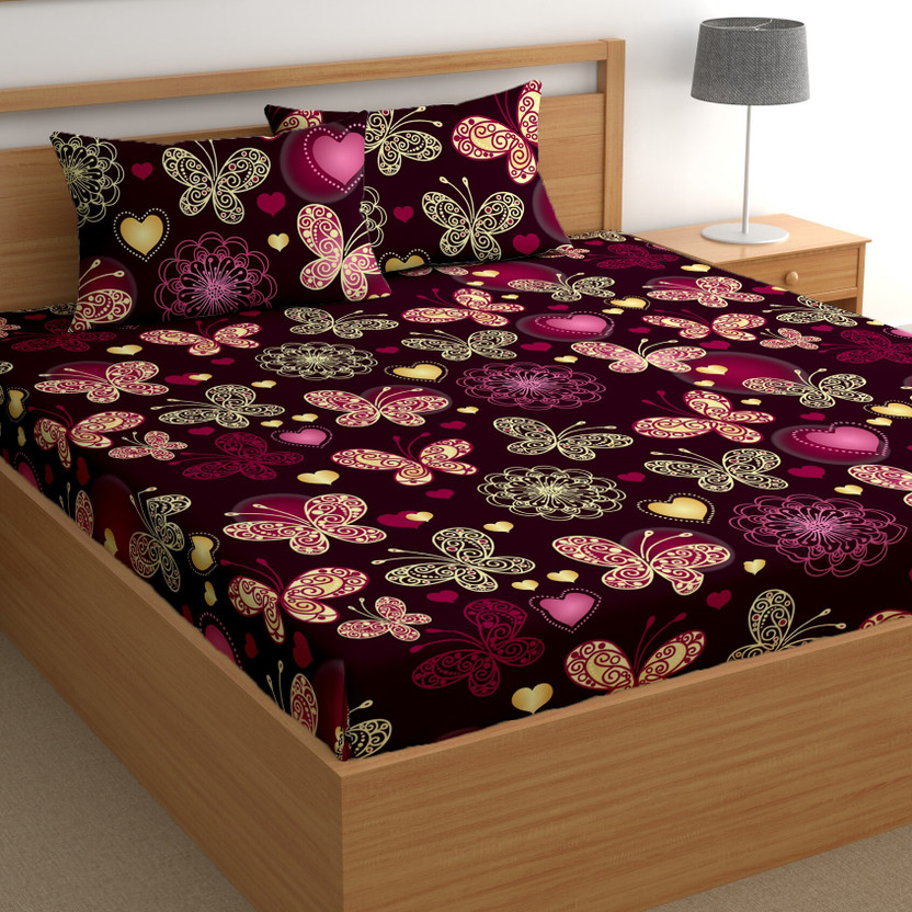 CG Homes Cotton Double Flat 180 TC Printed 1 Bedsheet with 2 Pillow Covers(Plum Purple)
