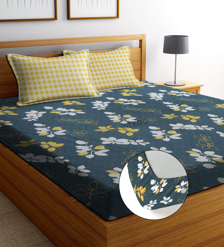 STEDO Cotton Double, King Fitted (Elastic) 250 TC Floral 1 Bedsheet with 2 Pillow Covers(Grey, Yellow)