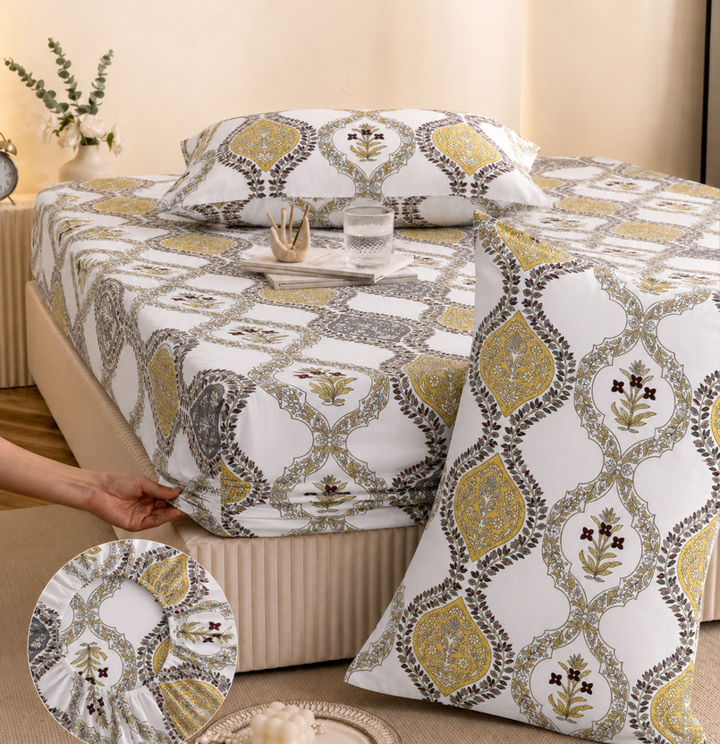 YaAkholic Cotton King Fitted (Elastic) 242 TC Printed 1 Summer Bedsheet with 2 Pillow Covers(White, Yellow)