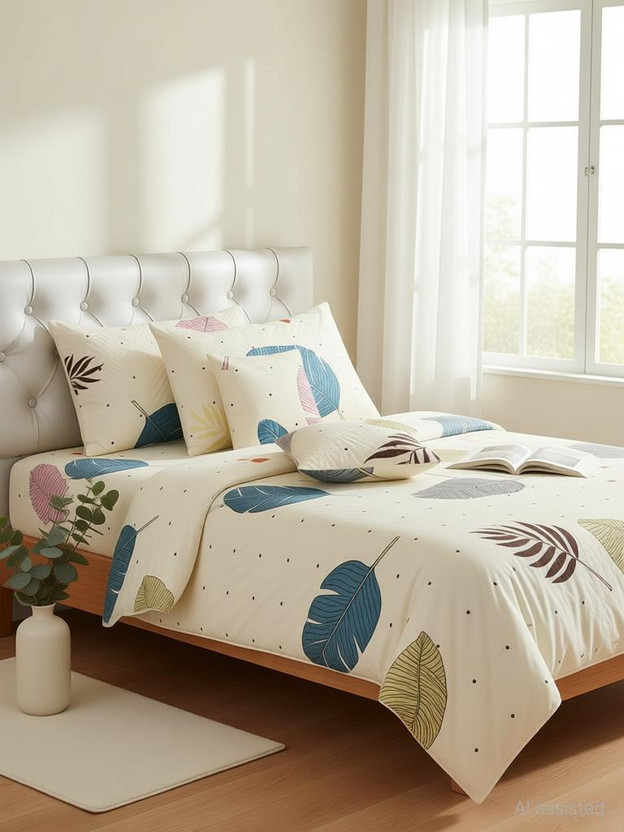 Damac Microfiber King Flat 180 TC Printed 1 Bedsheet with 2 Pillow Covers, 2 Cushion Covers(White)