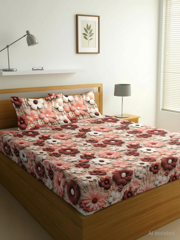 Moonroof Cotton Double Fitted (Elastic) 244 TC Printed 1 Summer Bedsheet with 2 Pillow Covers(7d Brown Coffe Flower)