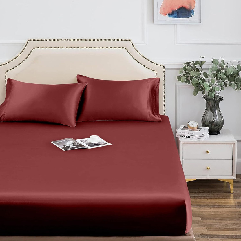 The The Linen Company Viscose King Fitted (Elastic) 300 TC Solid 1 Bedsheet with 2 Pillow Covers(Maroon) - Flipkart Deal