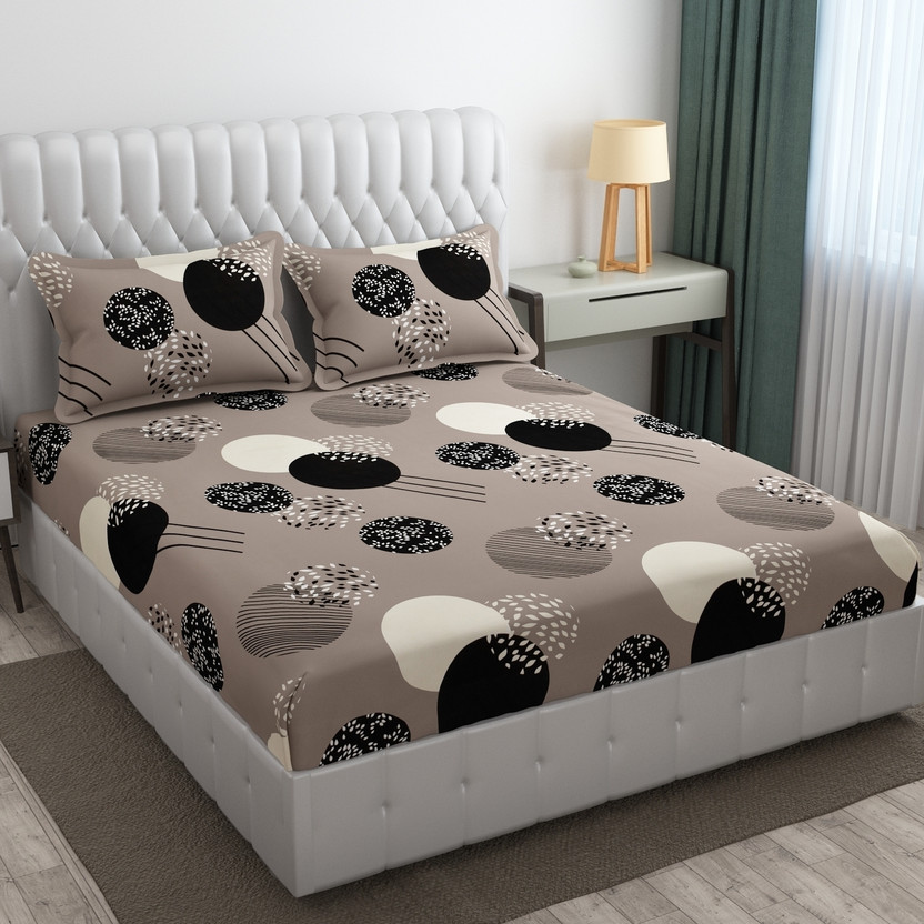 STAR TEX Cotton King Fitted (Elastic) 220 TC Abstract 1 Bedsheet with 2 Pillow Covers(Black)