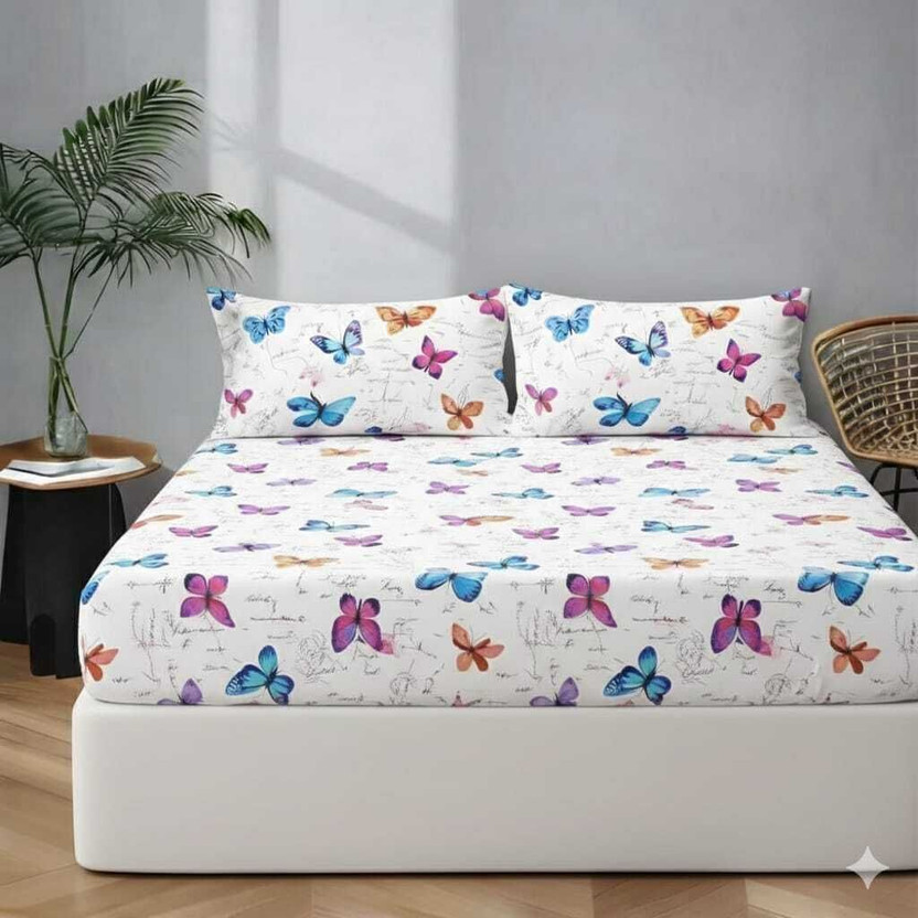 Primekart India Cotton King Fitted (Elastic) 210 TC 3D Printed 1 Summer Bedsheet with 2 Pillow Covers(Multicolor-24)