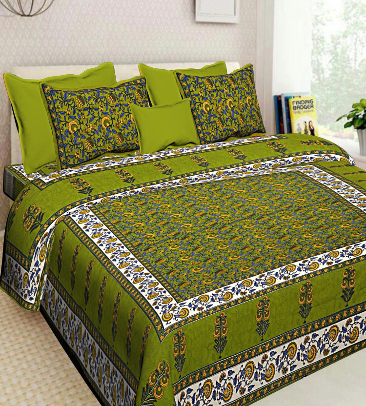 BOMBAY SPEED Cotton King Flat 280 TC Floral 1 Bedsheet with 2 Pillow Covers(Green)