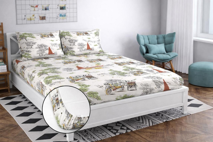 Primekart India Cotton King Fitted (Elastic) 210 TC Printed 1 Summer Bedsheet with 2 Pillow Covers(Multicolor-09)