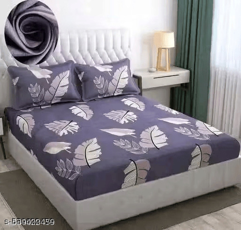 SHOPHOX Cotton King Fitted (Elastic) 210 TC Printed 1 Bedsheet with 2 Pillow Covers(Purple, White)