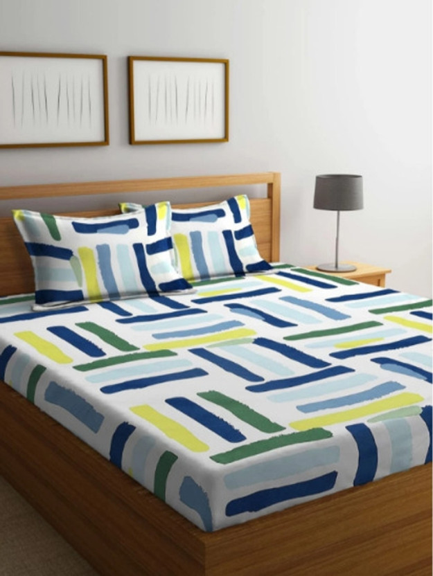 Bedsheat hub Cotton Double Fitted (Elastic) 320 TC Printed 1 Summer Bedsheet with 2 Pillow Covers(Blue)