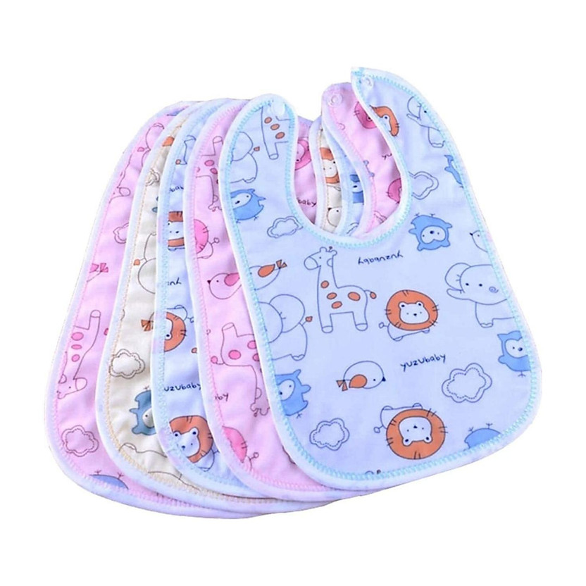 Kidsify Baby Button Bibs Apron for Feeding and Drooling Cute Animated Print with Tich Button Double Layered Waterproof (Pack of 5)(Multicolor)