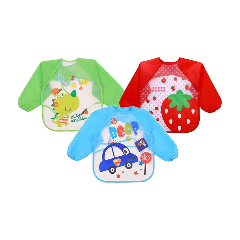 DOMENICO Waterproof Colorful Bib Cute Cartoon Baby Bibs Full Sleeve Apron Feeding Bibs(pack of 3)
