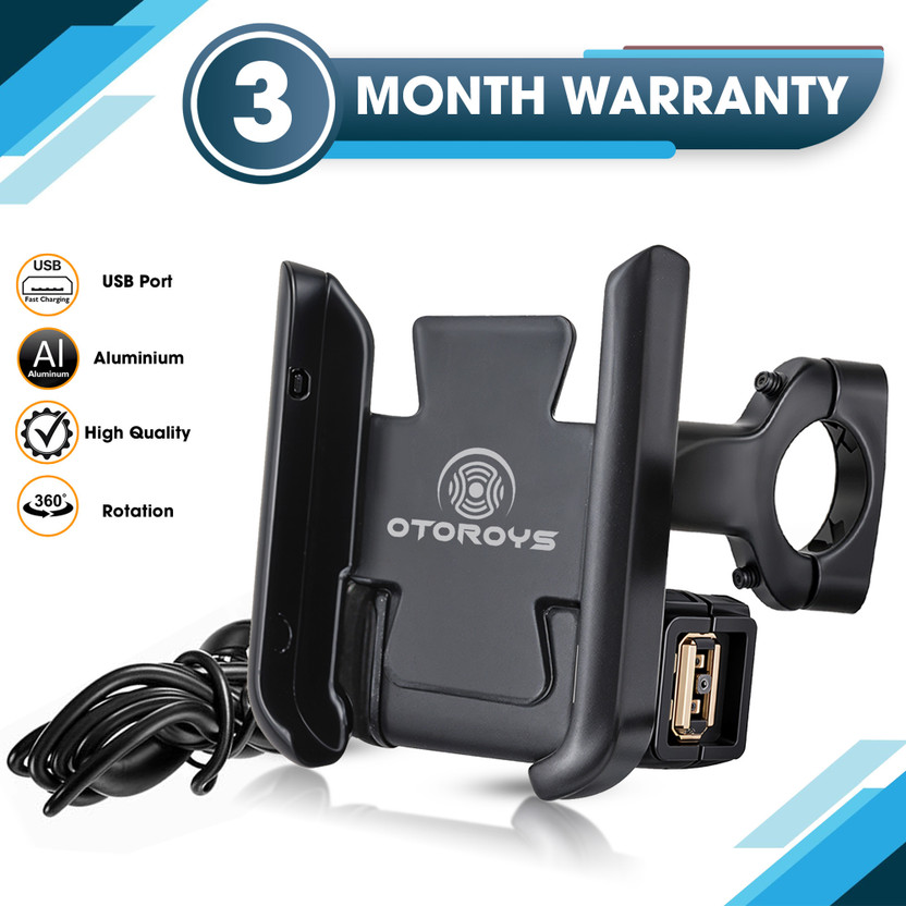 Otoroys Universal Bike Mount Holder Metal Body 360 Degree Rotating Handlebar Metal Body Cradle Stand for Bicycle, Motorcycle, Scooty Fits All Smartphones (CNC Metal Holder with USB Charger) Bike Mobile Holder(Black)