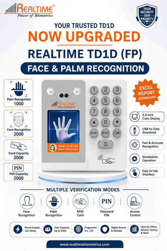 Realtime TD1D (FP) Smart Face Palm Attendance System USB Download Access Control(Card, Face, Password)