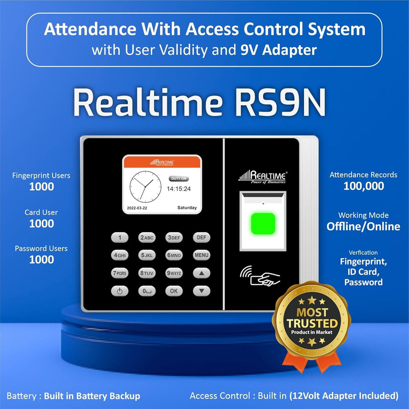 Realtime RS 9N Fingerprint Scanner Attendance System & Access Control (No Wi-fi) Time & Attendance(Fingerprint, Password, Card)