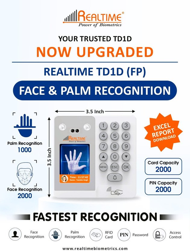 Realtime TD1D (FP) Face Palm Scanner Attendance System 2000 Users Access Control(Card, Face, Password)