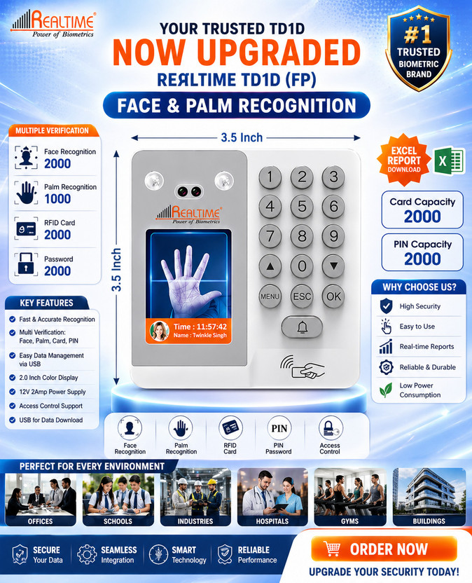 Realtime TD1D (FP) Smart Biometric System Face & Palm Access Control, Time & Attendance(Card, Face, Password)