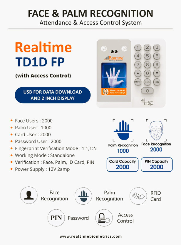Realtime TD1D (FP) Face Palm Biometric System with PIN Password Access Control(Card, Face, Password)