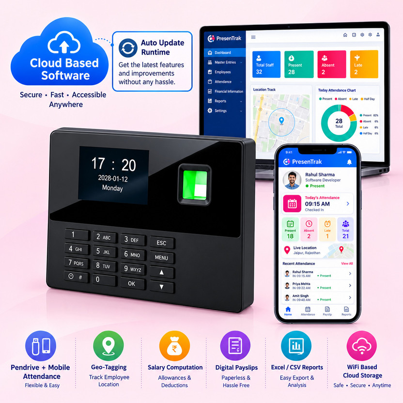 Presentrak Biometric Attendance Machine with Cloud Payroll Software USB, TCP IP 1000 Users Time & Attendance(Fingerprint, Card, ID, Password)