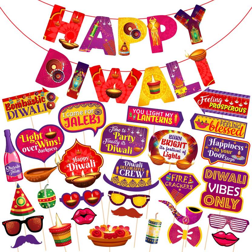 ZYOZI 31 Pieces Happy Diwali Party Photo Booth Props and Banner for