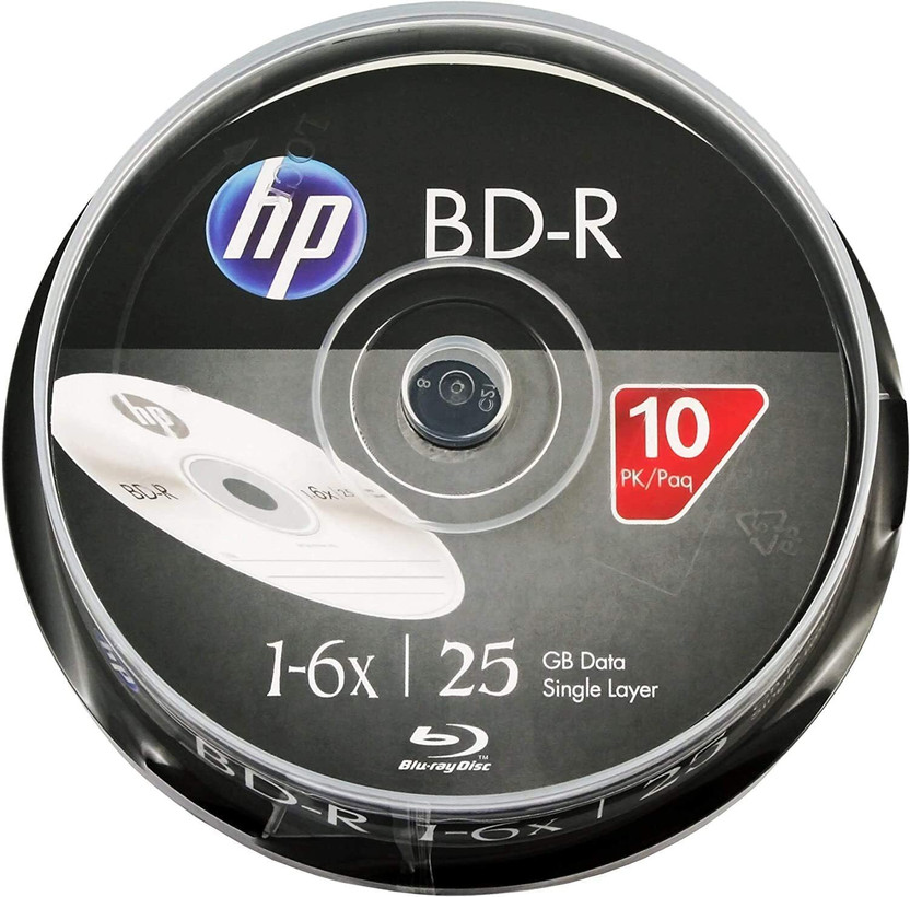 HP Blu-ray Recordable BDRA00071 Pack of 10 Disc Cake Box Spindle Speed 6x 25 GB