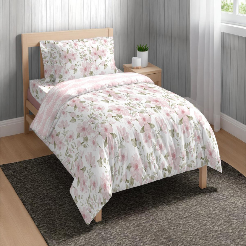 The Happy Pod Cotton Single Sized Bedding Set(Pink Green, 1 Single Bedsheet + 1 Pillow cover + 1 Comforter + 1 reusable bag)