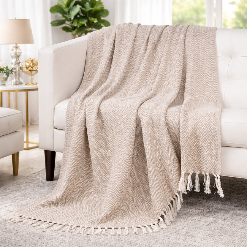 TARANTARAN Self Design Queen Throw for  Mild Winter(Cotton, Beige)