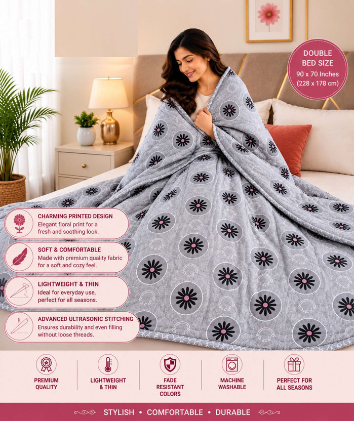 villablanca Floral Double Dohar for  AC Room(Cotton, White, Grey)
