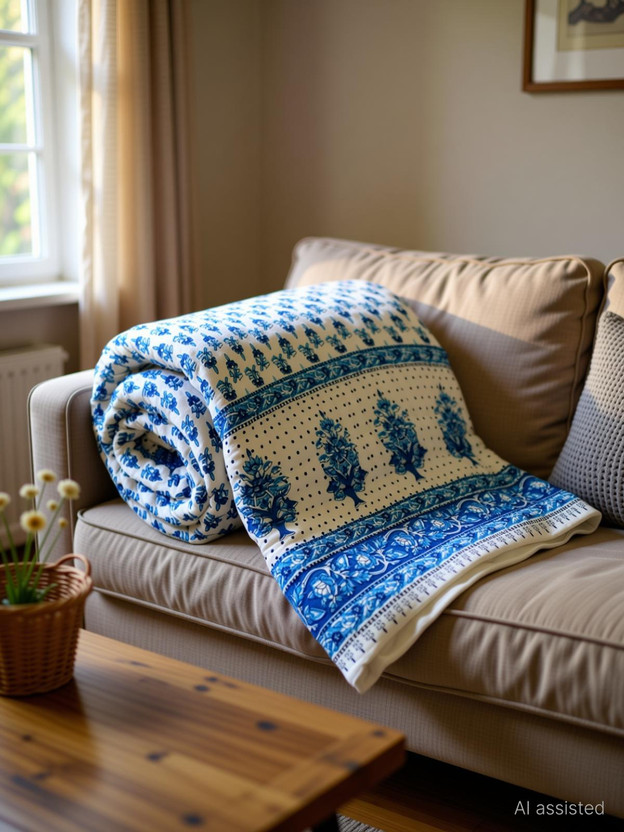HANDICRAFT FARM Floral Single Quilt for  Heavy Winter(Cotton, JAIPURI RAZAI PASTAL BLUE)