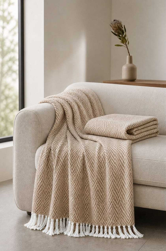 sunviaara Self Design King Throw for  All Season(Cotton, Beige white)