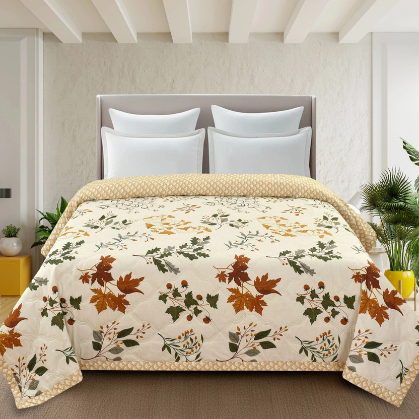 Home Stylish Floral Double Comforter for  AC Room(Microfiber, Warm Cream)