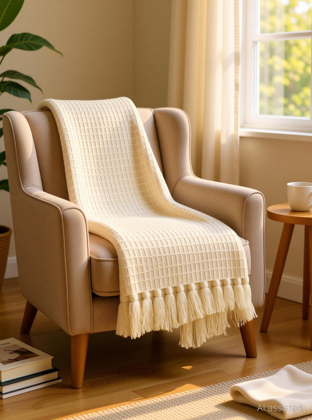 MbsHandloom Checkered Single Throw for  AC Room(Cotton, IVORY)