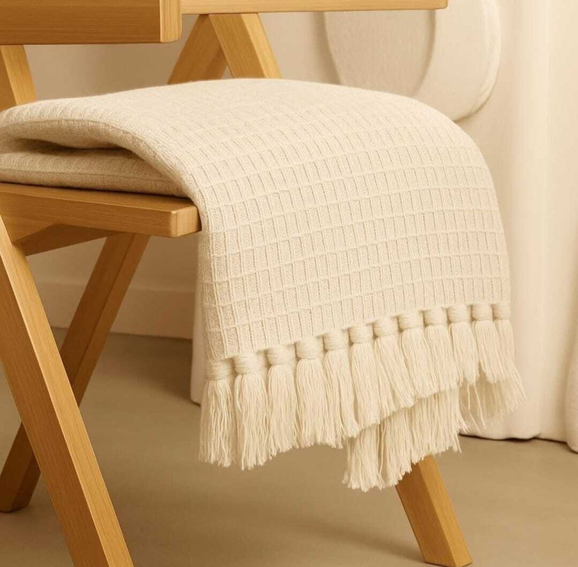 MbsHandloom Checkered Single Throw for  AC Room(Cotton, IVORY)