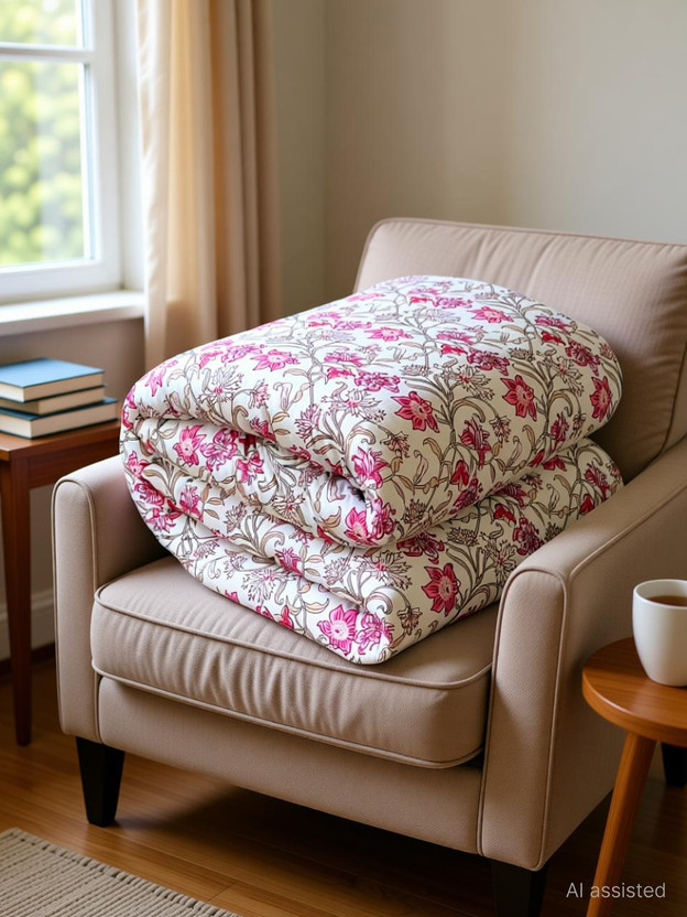 Comfowell Printed King Quilt for  Heavy Winter(Poly Cotton, White Pink Flower)
