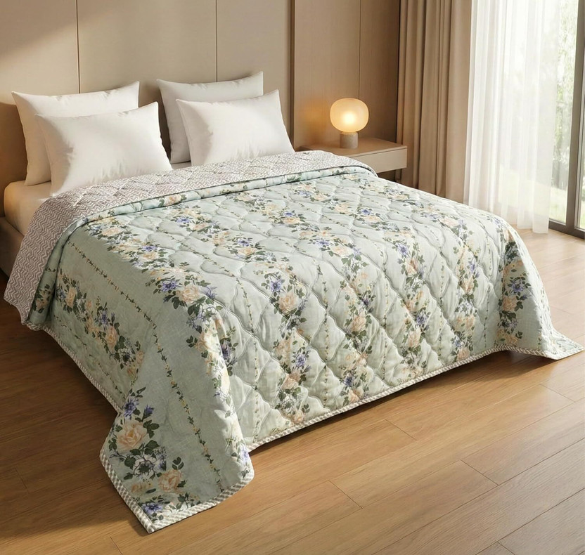 villablanca Floral Double Dohar for  AC Room(Cotton, Lime,Green,Yellow)
